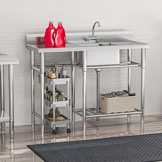 YITAHOME Stainless Steel Freestanding Utility Large Sink with 2 Drainboards & Cart Storage Space, Single Bowl NSF Commercial Prep Sink W/Storage Shelf for Restaurant, Laundry, Garage,Outdoor 50in