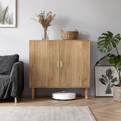 Smuxee Oak Sideboard Cabinet, Freestanding Buffet Cabinet with Line Groove Design, Wood Storage Cabinet with Adjustable Shelf for Living Room, Entryway, Hallway