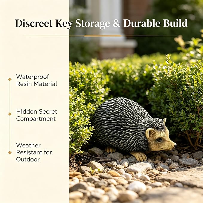 Hedgehog Garden Statue Key Hider Outdoor Waterproof Resin Spare Key Storage | Features Secret Storage Compartment, Looks Like Regular Garden Ornament, Perfect for Front Porch Backyard Placement