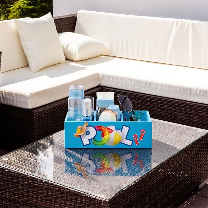 CroBlissful Pool Storage Basket Summer Swimming Pool Wooden Box with 3 Compartments Colorful Toilet Tank Tray for Indoor Outdoor Summer Beach Decor Sunblock Sunglasses Flip Flop Storage Box