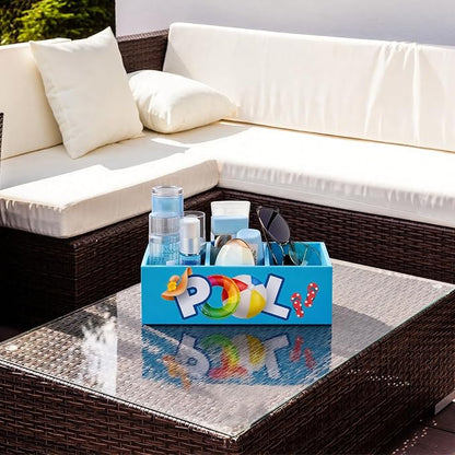 CroBlissful Pool Storage Basket Summer Swimming Pool Wooden Box with 3 Compartments Colorful Toilet Tank Tray for Indoor Outdoor Summer Beach Decor Sunblock Sunglasses Flip Flop Storage Box