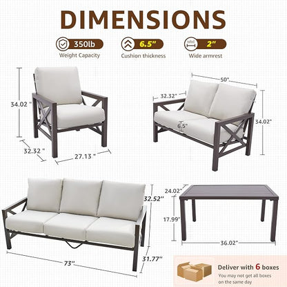 NATURAL EXPRESSIONS 5 Pieces Patio Furniture Set,Outdoor Furniture Sectional Sofa Modern Patio Set for 7 with Deep Seating,High Back Backrest,3 Seater Sofa,Loveseat,2 Fixed Chairs,Metal Table,Beige