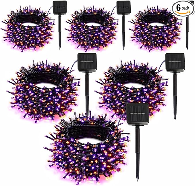 SyouHome 6-Pack Solar String Lights, 600 LED Extra-Long 236Ft Solar Halloween Lights Outdoor Waterproof, 8 Modes Led Halloween Light for Garden, Patio, Wedding(Purple & Orange)