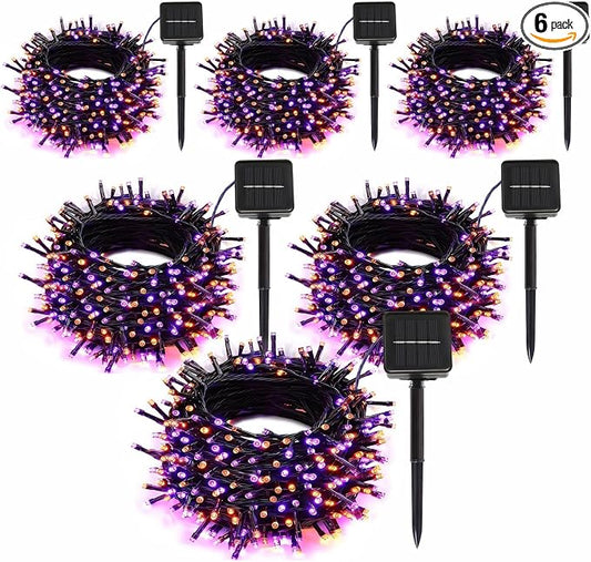 SyouHome 6-Pack Solar String Lights, 600 LED Extra-Long 236Ft Solar Halloween Lights Outdoor Waterproof, 8 Modes Led Halloween Light for Garden, Patio, Wedding(Purple & Orange)