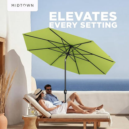 Midtown Umbrellas – The Lean 10 Ft Patio Umbrella with 10-Year-No-Fade Acrylast Acrylic Fabric, Auto-Tilt and 8 Reinforced Ribs for Deck, Pool, Garden, Hotel & Cafes – Green Tropic Canopy, Black Pole