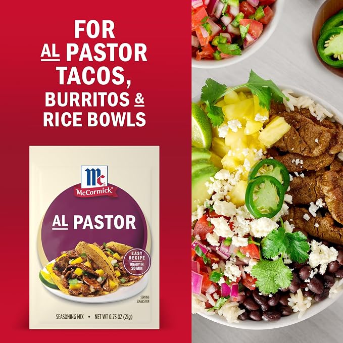 McCormick Seasoning Mix, Al Pastor, Smoky, Tangy & Savory Al Pastor for Tacos, Rice Bowls & Burritos, Ready to Serve In 20 Minutes, 0.75 oz (Pack of 12)