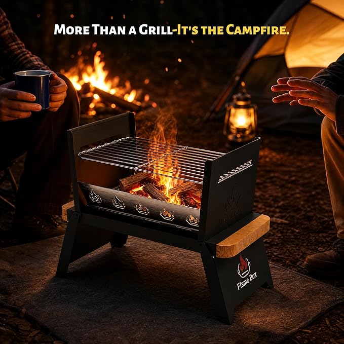 Nomad Portable Charcoal Grill – Ultra-Slim Folding BBQ for Outdoor Cooking, Camping & Travel | 304 Stainless Steel, Heat-Resistant Wood Handles, 3-sec Setup, Ready to serve 3-4 people