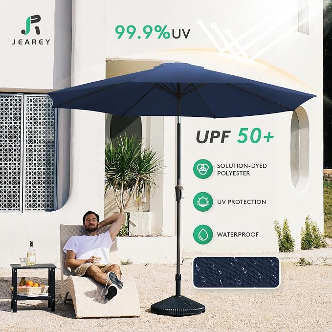 JEAREY 9FT Outdoor Patio Umbrella, Market Umbrella, Deep Blue | Outdoor Table Umbrellas with 8 Sturdy， Tilt & Crank UV Protection Waterproof for Garden, Deck, Backyard, Pool