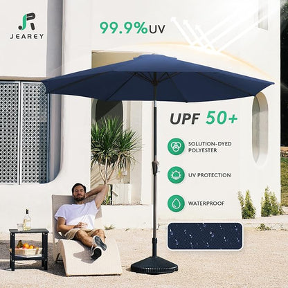 JEAREY 9FT Outdoor Patio Umbrella, Market Umbrella, Deep Blue | Outdoor Table Umbrellas with 8 Sturdy， Tilt & Crank UV Protection Waterproof for Garden, Deck, Backyard, Pool