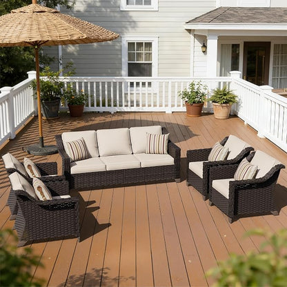 5 Piece Patio Furniture Set, Wicker Outdoor Conversation Set | Patio Chair Set with Olefin Removable Cushion, All-Weather Outdoor Couch with Deep Seat for Porch, Deck and Backyard, Beige