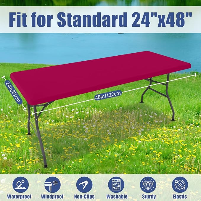 Moosfor 2 Pack Rectangle Spandex Fitted Table Cloth, 4FT Elastic Tablecloth | Washable Picnic Table Cover, Stretch Waterproof Table cloths for Party, Patio, Dining, Kitchen, 24" x 48", Fuchsia