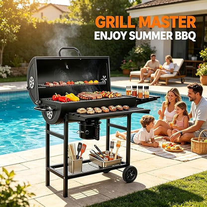 Charcoal Grill: Charcoal Barrel Grill - Large Portable Outdoor Grill with Double Wheel Design, Suitable for Outdoor, Backyard, and Camping Use (Larger)