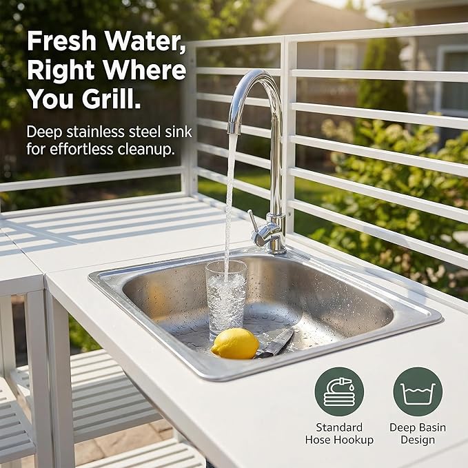 Vikiullf Aluminum Modular Outdoor Kitchen Island with Stainless Steel Sink, Movable Cart and Storage Cabinet, for Backyard BBQ, Porch Party (White Corner)