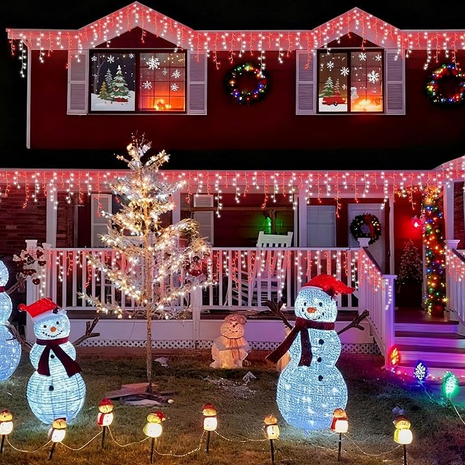 YEGUO 66ft 800 LED Red and White Icicle Lights Outdoor Waterproof, 160 Drops Icicle String Lights Connectable, 8 Modes Icicle Christmas Lights with Memory Timer