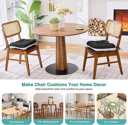 BETU Black Chair Cushions for Dining Chairs Set of 2,3.5" Thick Kitchen Table Chair Pads with Ties,Non Slip Backing and Covers,Seat Cushion for Dining Room,Bar,Patio Chairs,15.5"X15.5"X3.5",Black