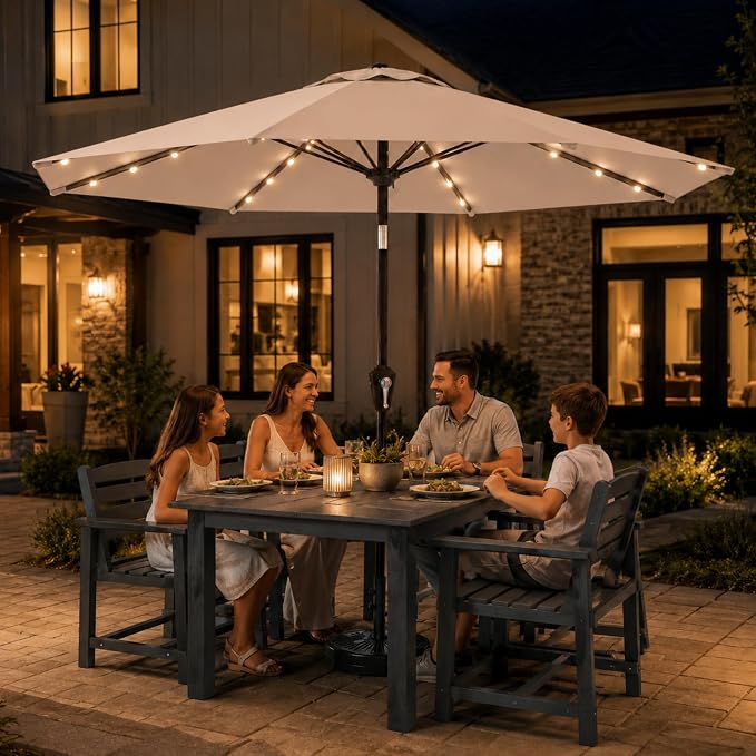 10FT Solar Lighted Patio Umbrella, Outdoor Table Market Umbrellas with Push Button Tilt and Crank, 32 LED Lights, 8 Sturdy Ribs, UV-Resistant for Deck, Garden, Pool