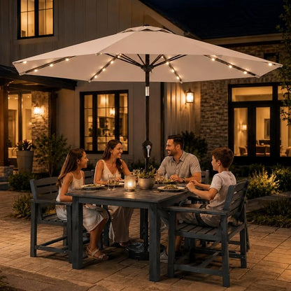 10FT Solar Lighted Patio Umbrella, Outdoor Table Market Umbrellas with Push Button Tilt and Crank, 32 LED Lights, 8 Sturdy Ribs, UV-Resistant for Deck, Garden, Pool