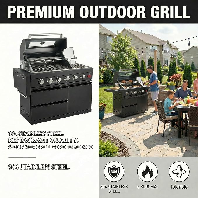 46" Outdoor BBQ Island Grill (No Sink/Fridge), 75,300 BTU 4 Burners + Side Burner, Infrared Rear Burner, LP/NG Convertible, Granite Top, Rotisserie, Stainless Steel Outdoor Kitchen Island