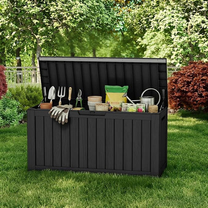 Pepe Tee Waterproof Resin Deck Box, Outdoor Storage Bin for Patio Furniture Cushions, All-Weather Garden Organizer & Seating Bench, Black