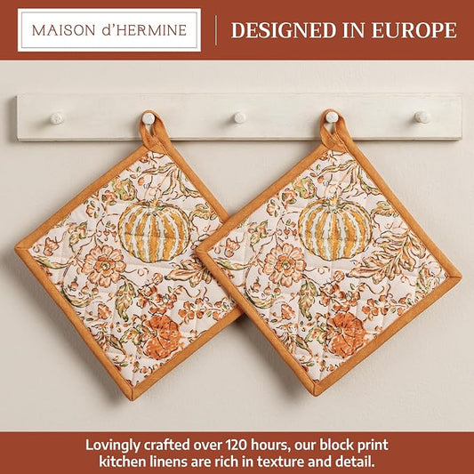 Maison d' Hermine Pot Holders 100% Cotton Potholders (8" x 8", Pack of 2) | Heat Resistant Hot Pads with Loop BBQ Cooking Baking Hotel Kitchen Handling Hot Pans Thanksgiving Christmas - Pumpkin Spice