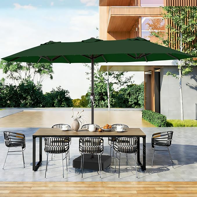 AreShark 15FT Outdoor Patio Umbrella with Crank, Large Rectangular Market Umbrella, Double-Sided Outdoor Umbrellas with Cross Base & Sandbag for Porch, Lawn, Pool, Backyard, Dark Green