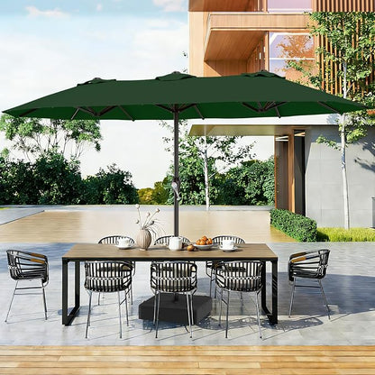 AreShark 15FT Outdoor Patio Umbrella with Crank, Large Rectangular Market Umbrella, Double-Sided Outdoor Umbrellas with Cross Base & Sandbag for Porch, Lawn, Pool, Backyard, Dark Green