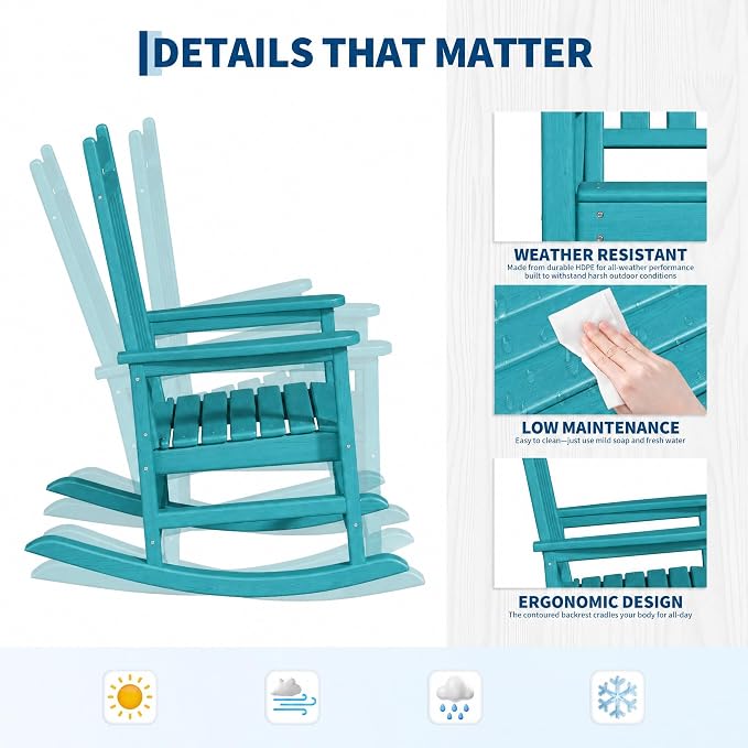 Garvee HDPE Rocking Chair Outdoor Set of 2 - Poly High Back Porch Rocker Chairs for Adults - All Weather Resistant Furniture for Patio Front Porch - Lake Blue