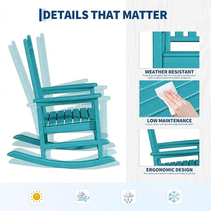 HDPE Rocking Chair Outdoor Set of 2 with Side Table - Poly High Back Porch Rocker Chairs for Adults - All Weather Resistant Furniture for Patio Front Porch - Lake Blue