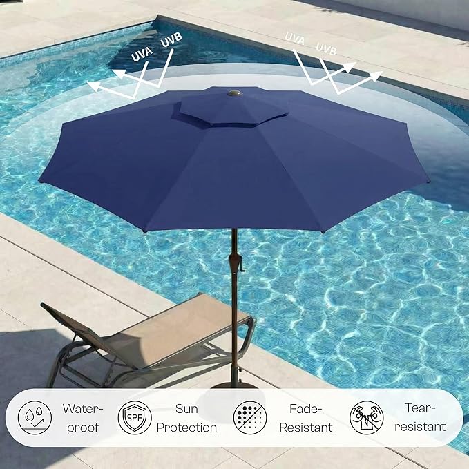 Outdoor Patio Umbrella, 2 Tiers Market Table Umbrella with 8 Sturdy Ribs, Push Button Tilt and Crank, UPF50+ UV Protection for Deck, Pool, Garden and Backyard