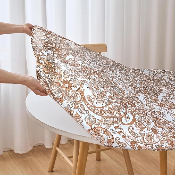LIBERECOO Luxury Paisley Round Vinyl Tablecloth with Flannel Backing - Waterproof, Oilproof, Wipeable Dining Table Cover for Indoor/Outdoor Use