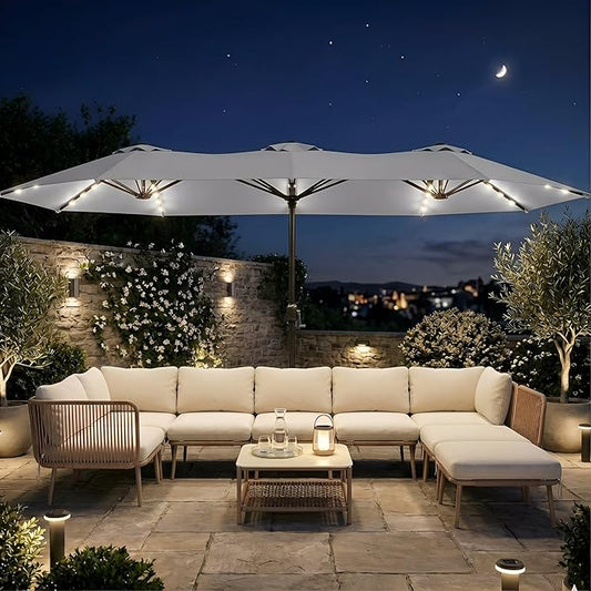 15FT Large Outdoor Patio Umbrella with Solar Lights and Base, Double-Sided Table Umbrellas with 48 LED Lights, Rectangle Market Umbrella for Pool, Deck, Backyard