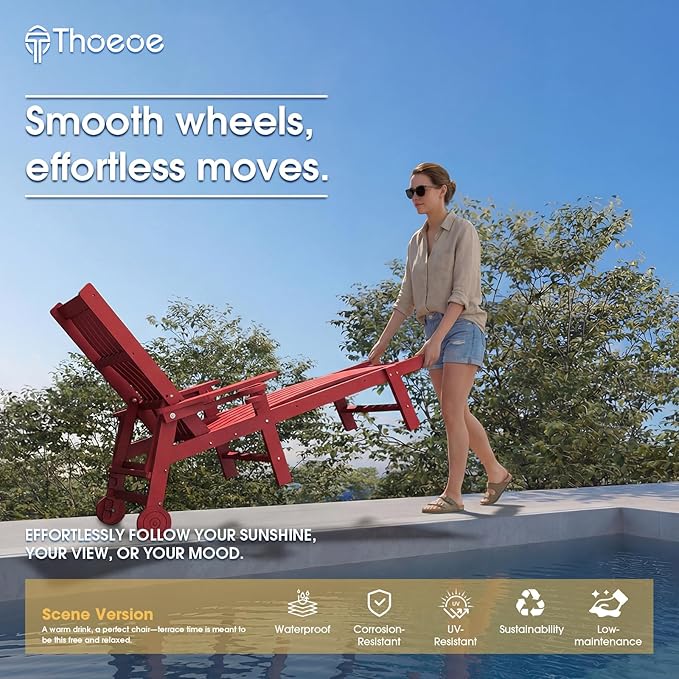 THOEOE Patio Chaise Lounge Chair, Oversized Lounge Chair Outdoor with 5 Positions, 78″ Long, HDPE, Patio Lounge Chair with Wheels & Cup Holder for Pool, Deck, Poolside,Red