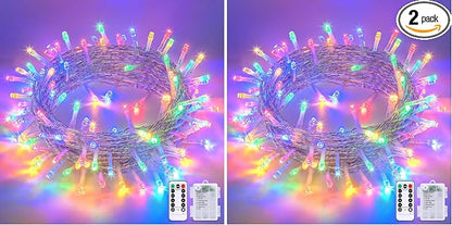 JMEXSUSS Multicolor Christmas Lights Battery Operated with 8 Modes Remote Waterproof, 33ft 100 LED Battery Christmas Lights Indoor Outdoor for Tree Home Party Room Garden Decor (Pack of 2)
