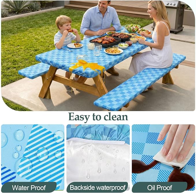Picnic Table Cover with Bench Covers Camping Essentials Waterproof Windproof Camping Tablecloth with Drawstring Bag, Fitted Rectangle Tables and Seats, 72in, Blue | Waterproof Vinyl for Outdoor, Windproof Elastic Fitted Edges, RV BBQ Accessories Must H...