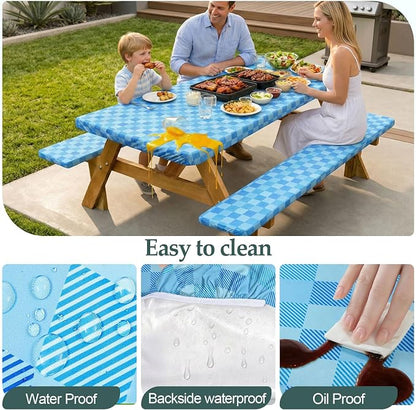 Picnic Table Cover with Bench Covers Camping Essentials Waterproof Windproof Camping Tablecloth with Drawstring Bag, Fitted Rectangle Tables and Seats, 72in, Blue | Waterproof Vinyl for Outdoor, Windproof Elastic Fitted Edges, RV BBQ Accessories Must H...