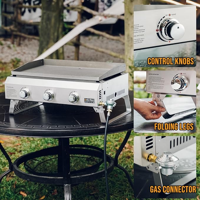 ONLYFIRE GRILLS Tabletop Gas Griddle 3 Burners, Propane Gas Stove, GS311 | Portable Flat Top Griddle for 1lb/20lb Propane, Outdoor Cooking Patio BBQ Camping Tailgating RV, Stainless Steel 24000BTU