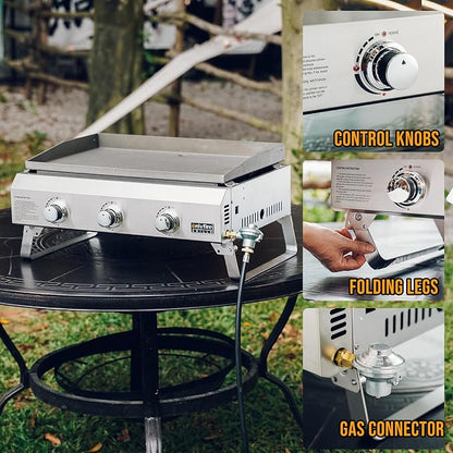 ONLYFIRE GRILLS Tabletop Gas Griddle 3 Burners, Propane Gas Stove, GS311 | Portable Flat Top Griddle for 1lb/20lb Propane, Outdoor Cooking Patio BBQ Camping Tailgating RV, Stainless Steel 24000BTU