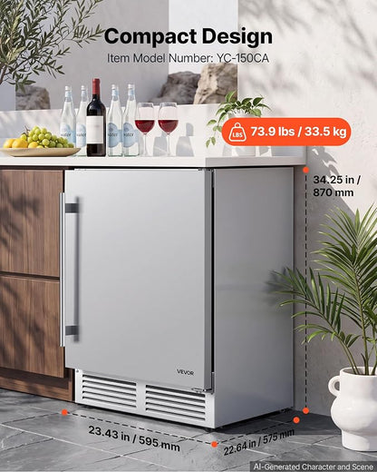 VEVOR Outdoor Beverage Refrigerator, 24 Inch Undercounter Drink Fridge | 304 Stainless Steel Body, 5.0 Cu. Ft, Hold 180 Cans, Powerful Cooling System, Built-in / Freestand Cooler, Home Bar & Patio