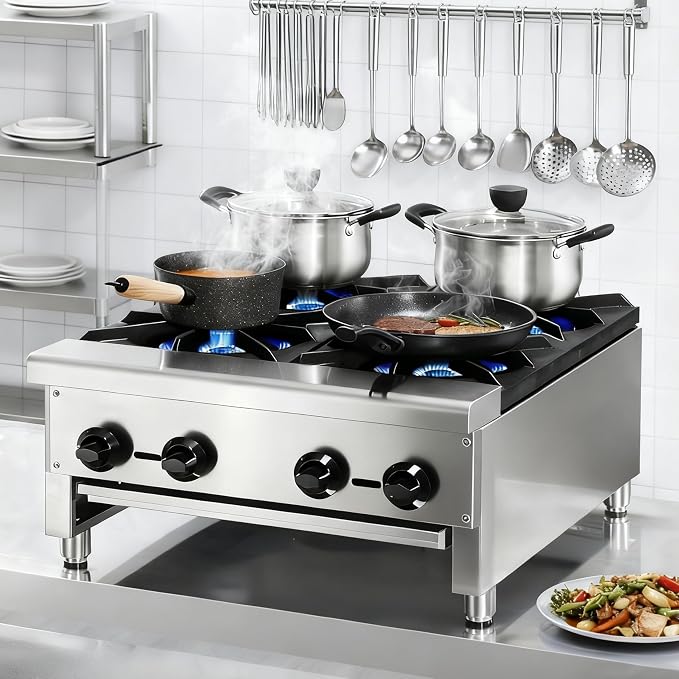 Commercial 4-Burner Stove, Natural Gas Propane-Ready Countertop Range, Stainless Steel Hot Plate, 112,000 BTU Restaurant Kitchen Cooktop, Independent Controls, Removable Drip Tray, Cast Iron Grates
