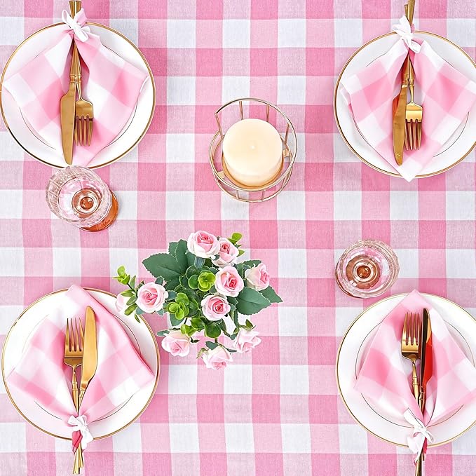 B-COOL Pink Plaid Tablecloth Easter Checkered Tablecloth Fabric Pink and White Gingham Flag Table Cover for Parties, Valentines, Race Car Birthday Party, Birthday, Outdoor Picnic, 56x84inch