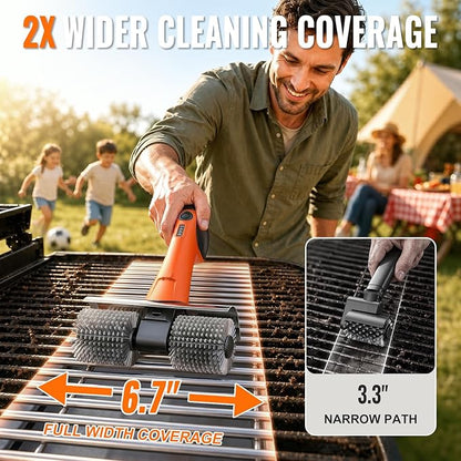 Electric Grill Brush - Dual Rotating Heads Cordless BBQ Grill Cleaner, 450 RPM Motorized Power Grill Cleaning Brush with LED Light, 6-Piece Replaceable Brush Set Safe for Most Outdoor Grill Grates