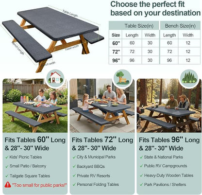 Picnic Table Cover with Bench Covers Camping Essentials Waterproof Windproof Camping Tablecloth with Drawstring Bag, Fitted Rectangle Tables and Seats, 72in, Heather Grey