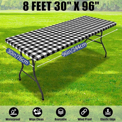 Smiry Picnic Table Cloth 2 Pack, Waterproof Elastic Fitted Tablecloths for 8FT Rectangle Tables, Washable Polyester Buffalo Plaid Tablecloth for Camping, Dining & Outdoor (Black & White, 30" x 96")