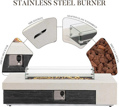 COSIEST 56" Outdoor Propane Fire Pit Table w Tank Cover & Wind Guard, Rectangle Gas Fire Pit Table with Concrete & Wood Grain Design, 50000BTU Fire Tables for Patio, Backyard, Garden