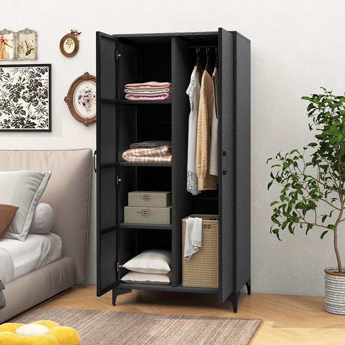 Giantex Wicker Storage Cabinet, 62” Tall Pantry Cabinet with 2 Doors, Hanging Rod, 4 Storage Cubes, Metal Legs, Anti-Tipping Device, PE Rattan Storage Cabinet for Home Office, Garage Cabinets (Black)