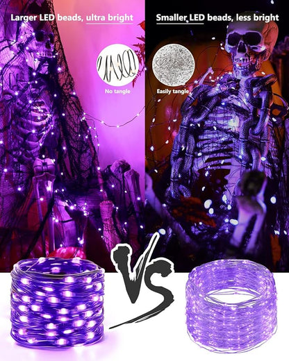 Brizled Purple String Lights, 2 Pack 50 LED Battery Powered Halloween Light | 8 Modes Purple Fairy Lights with Timer, Twinkle Halloween Tree Lights Black Wire for Indoor Outdoor Party Garden Yard Decor