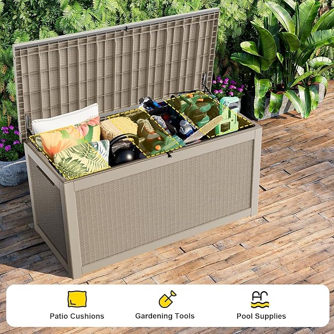 320 Gallon Outdoor Storage Box,Large Waterproof UV Resistant Deck Box,Lockable Storage Container for Patio Furniture Cushions Garden Tools and Pool Accessories(Gray，320 Gallon)