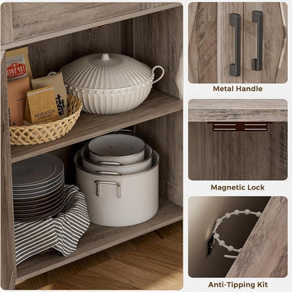 Homhedy Coffee Bar Storage Cabinet with Drawers, Kitchen Buffet Cabinet | Sideboard Cabinet with Doors, Farmhouse Buffet Cabinet, Adjustable Shelves, for Kitchen / Dining / Living Room, Greige