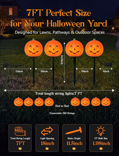 Halloween Pumpkin Pathway Markers Lights Outdoor, 7Ft Connectable C7 Halloween Decorations Pathway String Lights with 4 Pumpkin Stakes Lights for Outdoor Garden Walkway Yard Driveway Lawn Party Decor
