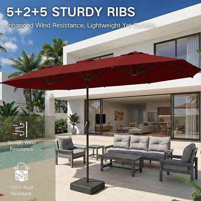 Kingdura 13ft Large Patio Umbrella with Base Included, Double-Sided Rectangle Outdoor Table Umbrella with 12 Reinforced Ribs, Crank Lift for Market Pool Deck Backyard, Dark red